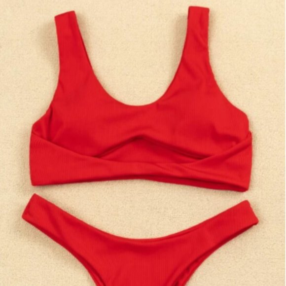 Brand New Ribbed Cut Out Bikini in Red - Picture 3 of 5
